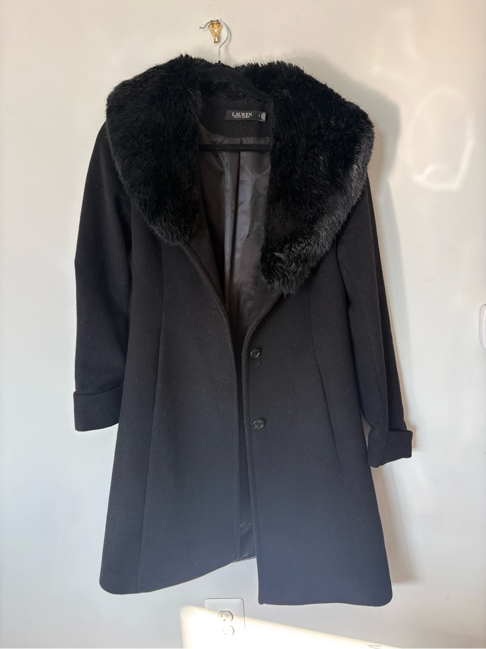 Ralph Lauren wool pea coat with faux fur trim black size 4